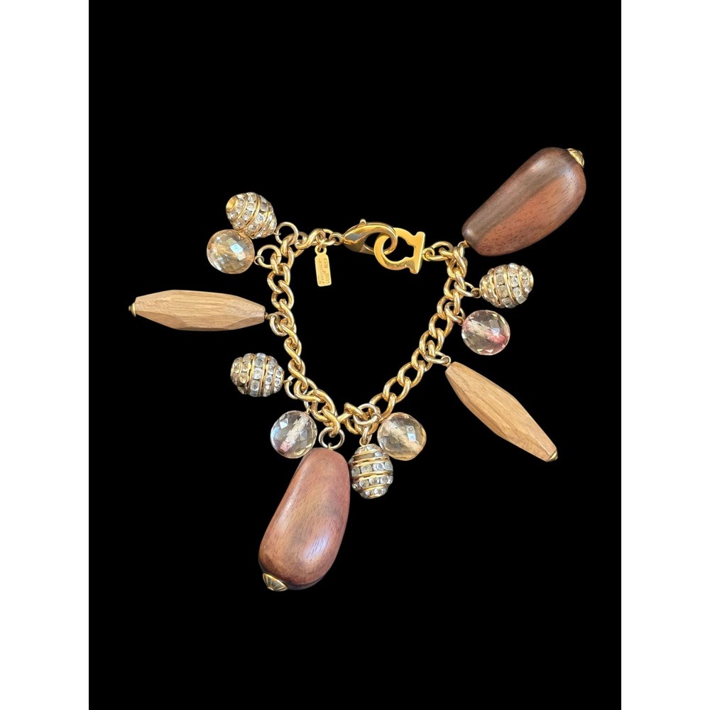 Salvatore Ferragamo Wood Rhinestone Glass Charm Gancini Gold Tone Bracelet Italy